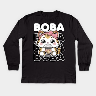 Funny kawaii cat drinking boba tea Kids Long Sleeve T-Shirt